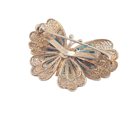 Chinese Export 1970s Blue Enamel Butterfly Pin Brooch Filigree 900 Silver - Picture 9 of 11